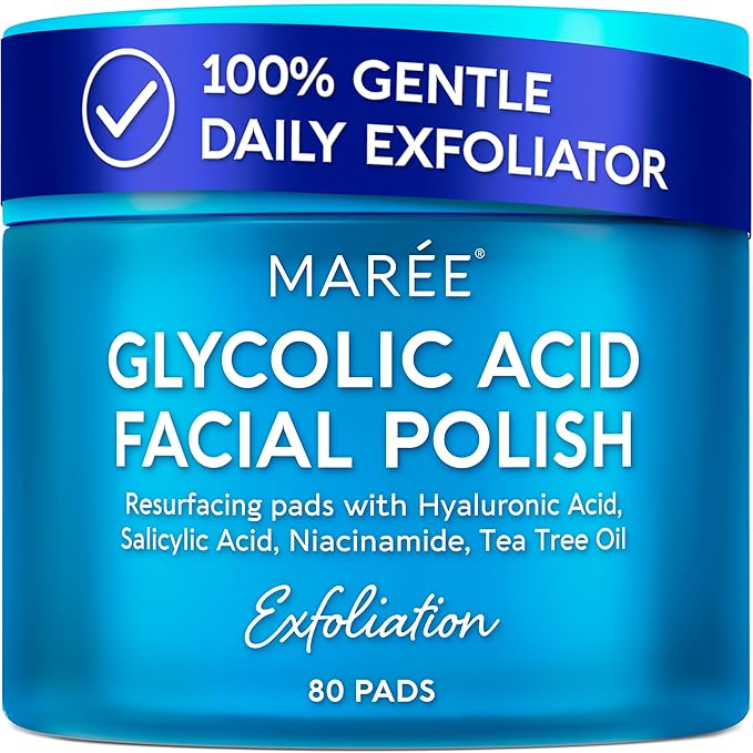 MAREE Glycolic Acid Pads – Toner Pads for Face Cleansing – Exfoliating Pad with Tea Tree Oil, Salicylic Acid & Vitamins E, B3, B5 – Acne Clearing, Skin Pore Resurfacing & Radiance Device - 80 Count
