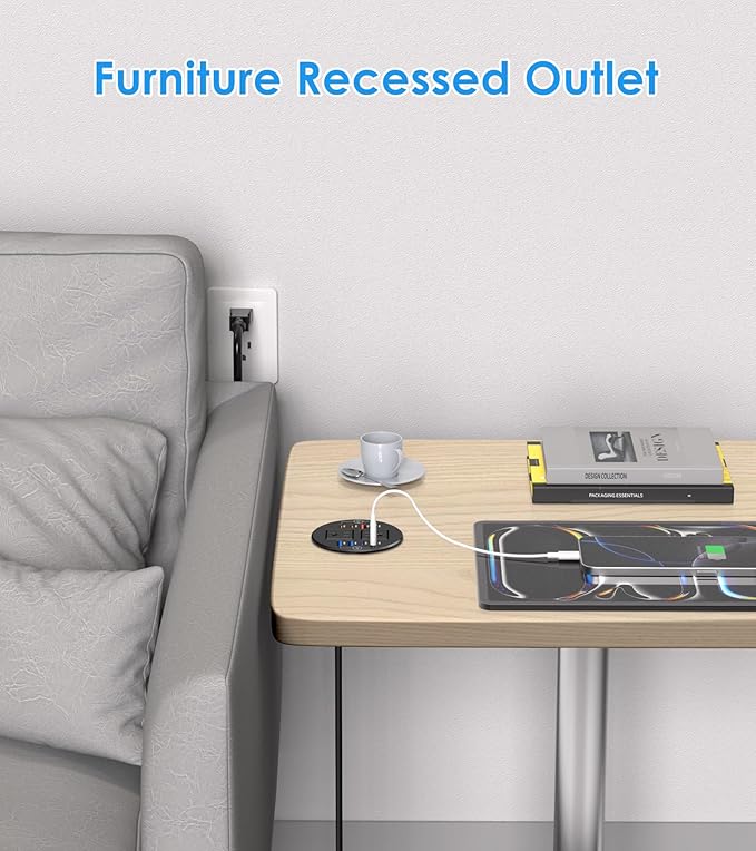 102W Recessed Power Grommet with 8 USB Ports, 3.15 inch Desk Grommet Power Strip for Conference Rooms, Office Tables, Furniture, 6FT Cord