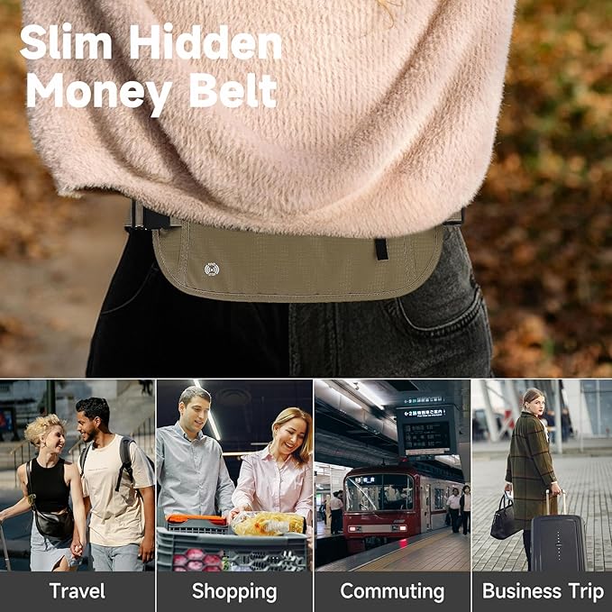 FuninCrea Waterproof Hidden Money Belt for Travel, Anti-Theft Belt Bag with RFID Blocking Function Adjustable Slim Waist Bag with 2 Zipper Pockets and 1 Back Pocket for Travel Running (Style 2, Black)