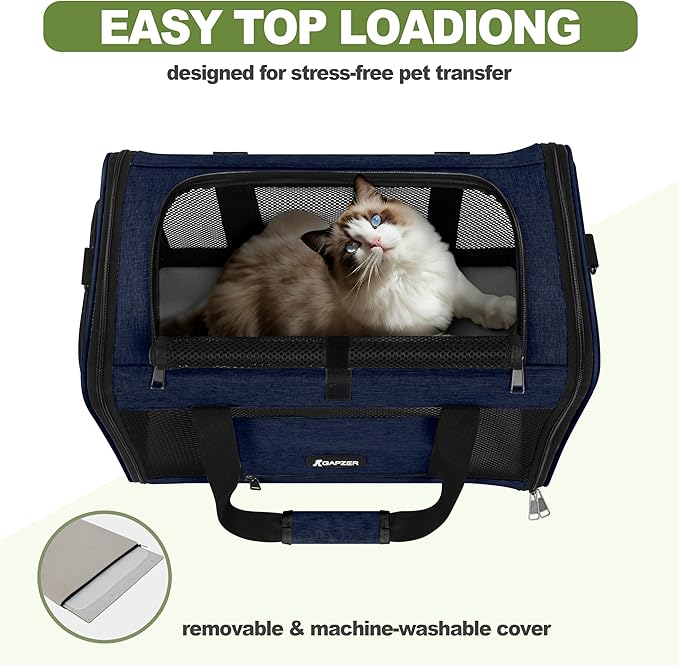 GAPZER Cat Carrier 18x11x11 United Airline Approved, Top Loader Heavy Duty Softshell Pet Flying Bag 18lbs, Small Dog Chihuahua Crate 5-10 Pounds, Kitty Transport Kennel, Miniature Poodle Case Navy
