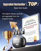 King Lucky Clip-On Earbuds Gen 3, Open-Ear Wireless Bluetooth 6.0 Headphones with Mic, Secure Fit for Small Ears & Glasses Wearers, 50H Playtime, LED Digital Display, ENC, IPX5 Waterproof(Balck)