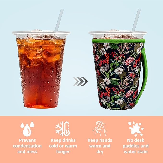 KJQJLY 3 Pack Reusable Iced Coffee Sleeves for Iced Coffee Cups or Drinks Reusable Neoprene Insulated Sleeves for Hot and Cold Drinks from Starbucks, Dunkin, And More (Leaves and grass)
