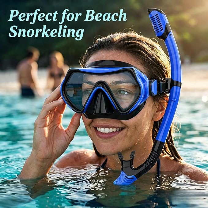 Snorkeling Gear for Adults, JRing Snorkel Mask Set with 180 Degree Tempered Glass Anti Fog Goggles Scuba Dry Top Snorkel for Swimming, Scuba Diving Mask for Men Women
