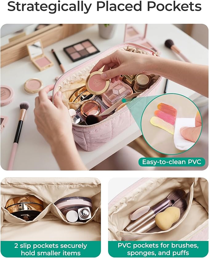 BAGSMART Makeup Bag Travel Toiletry Bag, Puffy Padded Make Up Bags for Women Makeup Organizer Case, Wide-open Pouch Purse Travel Essentials Toiletries Accessories Brushes, Leopard