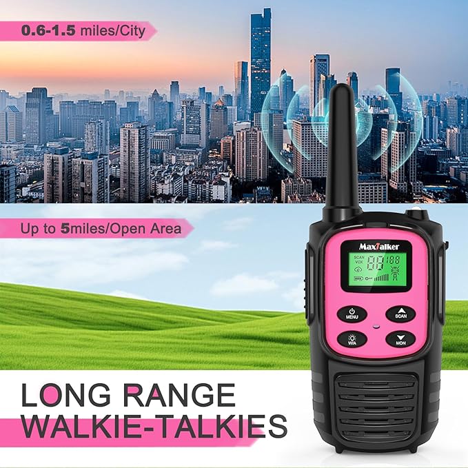 MaxTalker Walkie Talkies Long Range for Adult, MT10 Rechargeable Walkie Talkies FRS Two Way Radio, NOAA, 1200mAh Li-ion Battery USB-C Cable, LED Flashlight,VOX Walkie Talkie for Camping 2Pack (Pink)