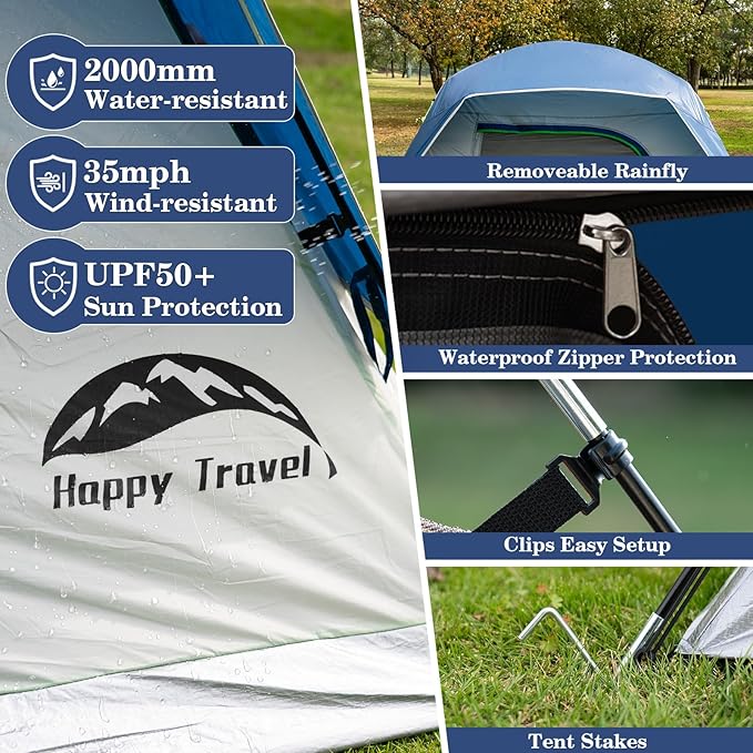 Happy Travel Camping Tent, 4 Person Dome Tents for Camping with Rainfly, Waterproof Clip Easy Setup Portable Family Tent with Mesh Windows, 20% More Headroom Backpacking Tents for Camping & Hiking