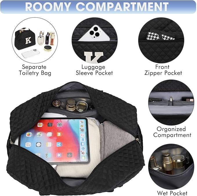 Initial Travel Duffle Bag for Women - Black Personalized Weekender bags Overnight Bag with Shoe Compartment & Wet Pocket Weekend Tote Bags with Toiletry Bag Monogram Christmas Gift (Letter K)