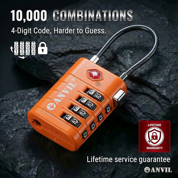 ANVIL TSA Approved Luggage Locks with Search Alert Indicator, 4-Digit Combination Suitcase Lock, Advanced TSA008 Core Heavy Duty Anti-Theft Travel Lock for Double Zippers, Backpacks (2, Orange)