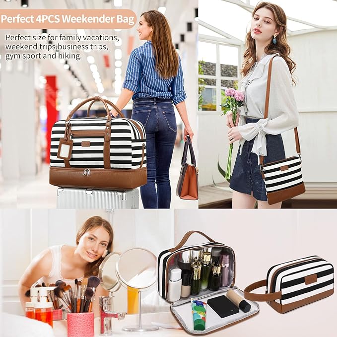 Wogarl 4PCS Weekender Bags for Women Large Overnight Weekend Travel Duffel Carry on Shoulder with Shoe Compartment Canvas Toiletry Bag for Travel Business Gym