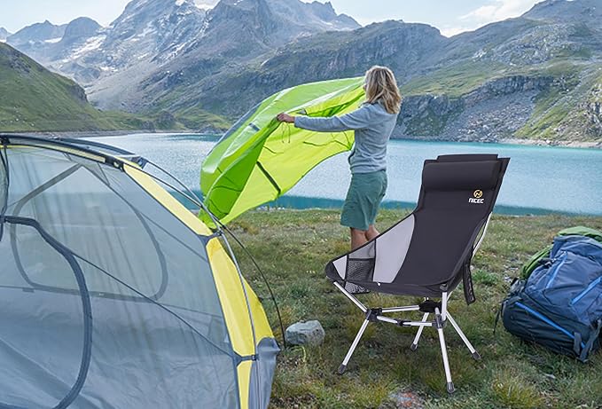 Nice C Ultralight High Back Folding Camping Chair, Collapsible Backpacking Chair, Compact & Heavy Duty Outdoor, Travel, Picnic, Festival with 2 Side Pockets, Pillow &Carry Bag (One Black)