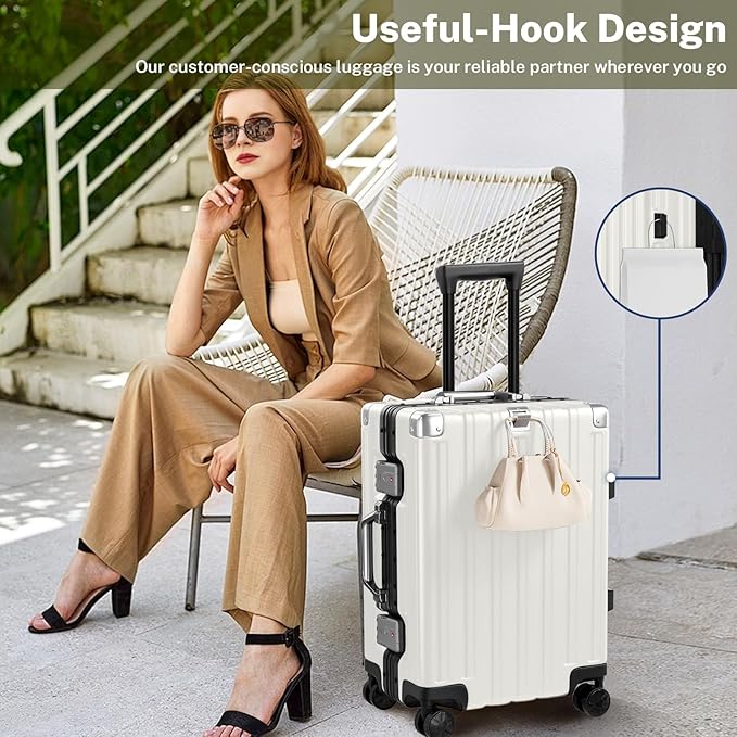 Krute Carry On Luggage 20 inch Aluminum Frame Luggage with Spinner Wheels Hardshell No Zipper PC+ABS TSA Lock Zipperless Suitcases White