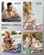 KEMETHY Adults Bento Lunch Box Set with Thermo Bag, 74oz Stackable Leak-proof 3-tiers Bento Box, Built-in Utensil and Sauce Container for Work, School, Dining Out (Gray)