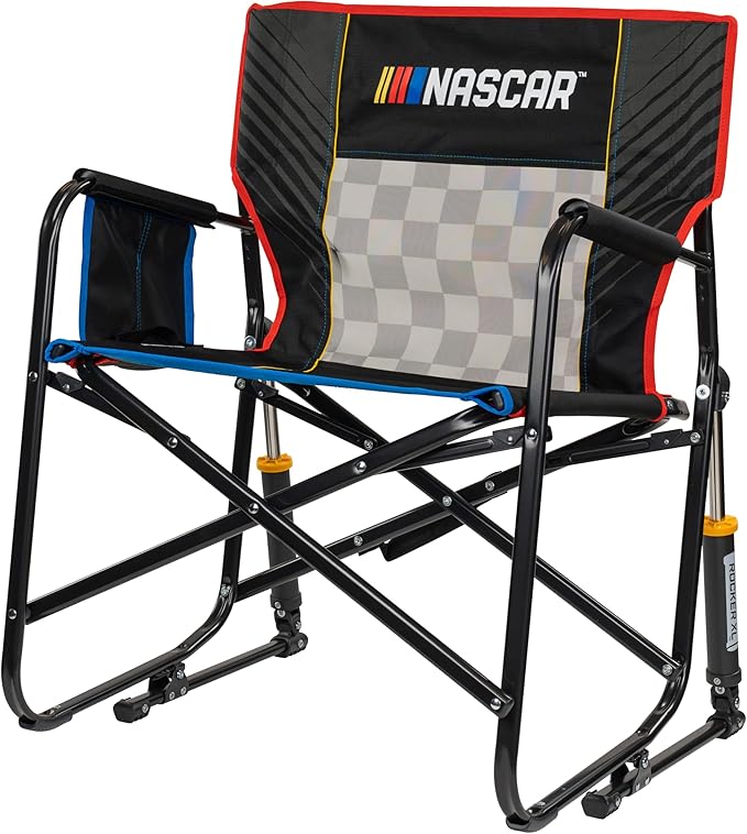 GCI Outdoor NASCAR Freestyle XL Rocker Camping & Sideline Sports Chair | Portable Folding Rocking Chair with Durable Armrests & Drink Holder | Great for Big and Tall, Black