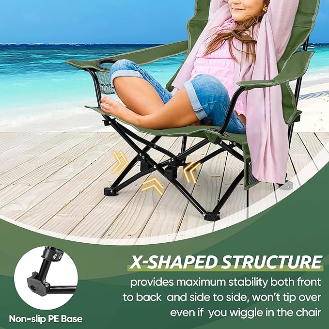 HaSteeL Folding Beach Chair Set of 2, Foldable Green Camping Chairs for Outside, Low Beach Chair Portable for Adults Fishing, Picnic, Outdoor BBQ, Travel, Sports, Cup Holder & Storage Bag