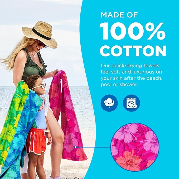 Kaufman - Colorful Hibiscus Beach Towels | 100% Cotton with Ends Hemmed | 30" x 60" | Colorful Soft & Absorbent Pool Towels for Adults and Kids | Fiber Reactive | 12 Pack