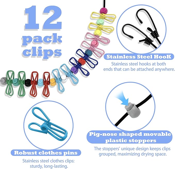 Portable Travel Clothesline,Adjustable Elastic Stretch Line with 12pcs Clothes Clips,for RV Outdoor and Indoor Camping Accessories (Black)