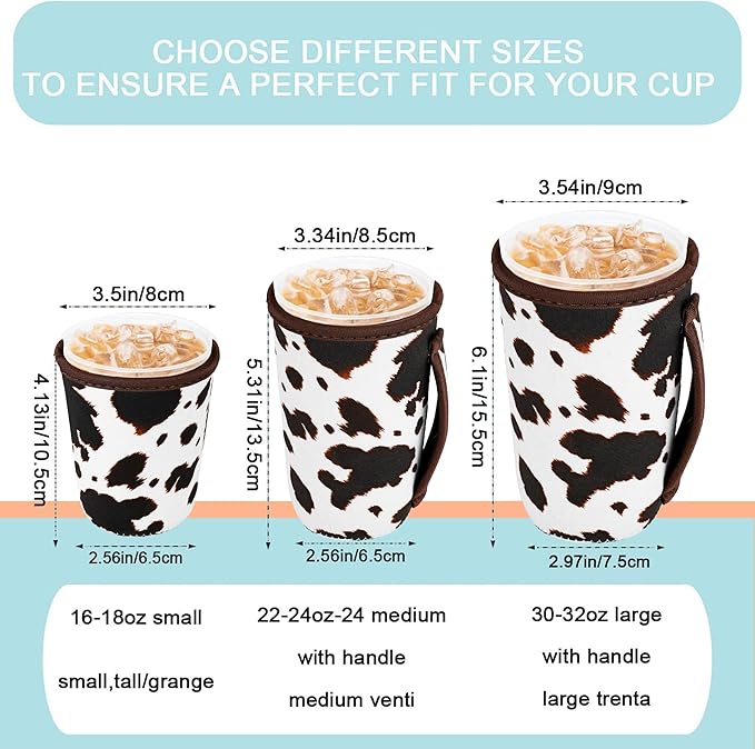 KJQJLY 3 Pack Reusable Iced Coffee Sleeves for Iced Coffee Cups or Drinks Reusable Neoprene Insulated Sleeves for Hot and Cold Drinks from Starbucks, Dunkin, And More (Brown cow)