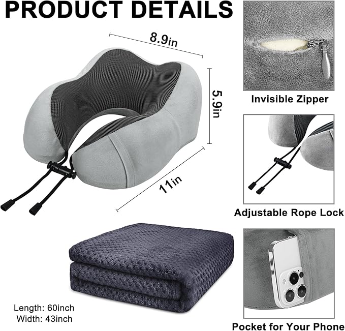 urnexttour Travel Pillow and Blanket Set Neck Pillows Soft Blankets with Sleep Mask Travel Essentials for Airplane Car Memory Foam Grey