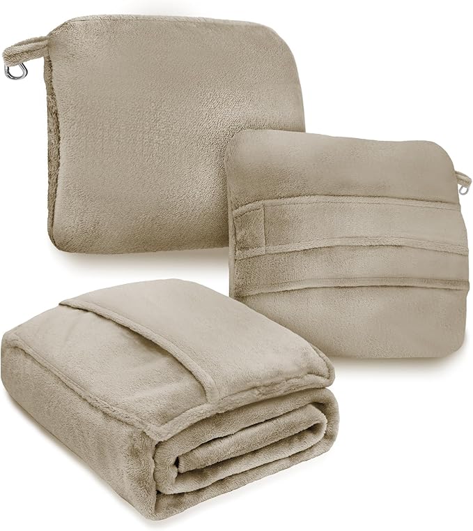 DEZ FURNISHINGS 4-in-1 Travel Compact Blanket Pillow Super Soft Velvet with Luggage Sleeve and Backpack Clip, Tan, 60" W x 45" H