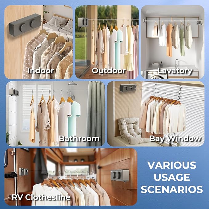 Retractable Clothesline Indoor Outside Heavy-Duty, Upgrade 304 Double Stainless Steel Shower Room Clothes line, Fit Rv Balcony Courtyards Indoor Drying Rack Clothesline, 13.8ft