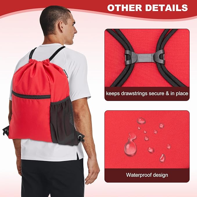 HOLYLUCK Men & Women Outdoor Sport Gym Sack Waterproof Drawstring Backpack Bag (Standard with drawstring, Red)