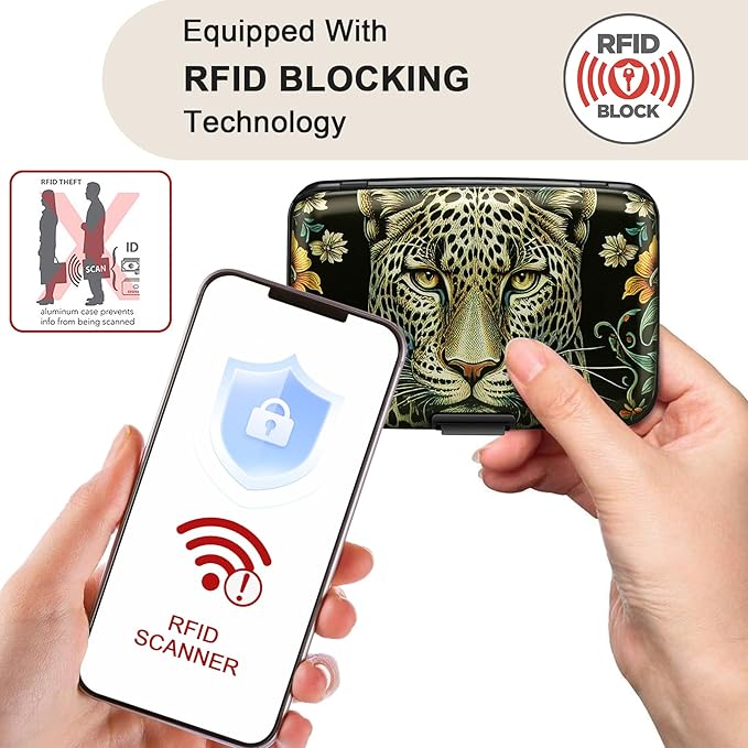 ELFISH Mini RFID Aluminum Wallet Credit Cards Holder Business Card Case Metal ID Case for Men Women(Black Leopard)