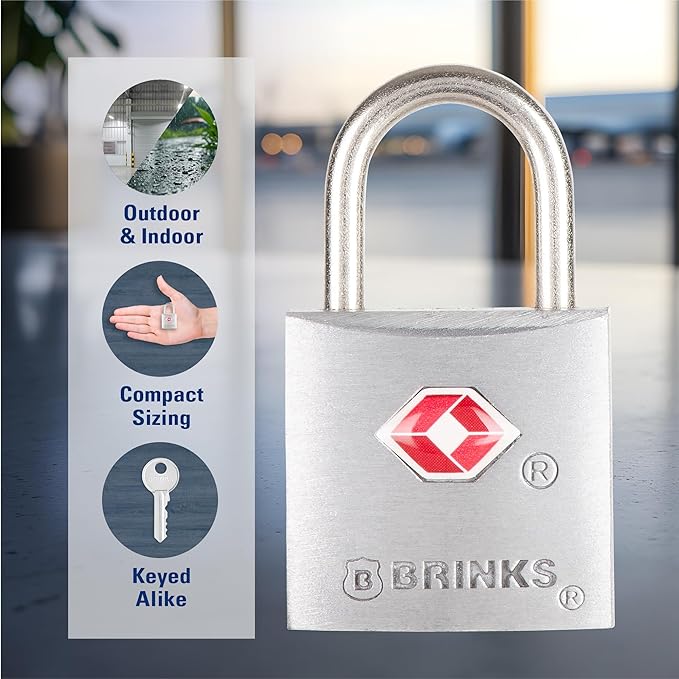 BRINKS TSA Approved Padlock 2-Pack, 22mm Aluminum Body, Hardened Steel Shackle, Luggage Locks with Keys, TSA Lock for Suitcases & Carry-Ons