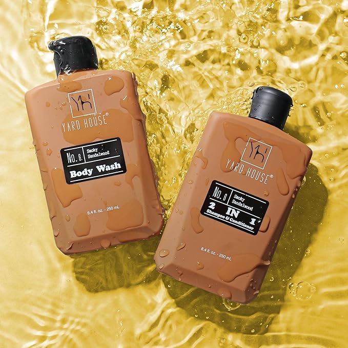YARD HOUSE Luxury Mens Bath and Body Gift Set Basket For Him - Smoky Sandalwood - All Natural Skin Care Kit For Men w. Full Size Body Wash, Facial Scrub, Body Lotion, Deodorant in Leather Toiletry Bag