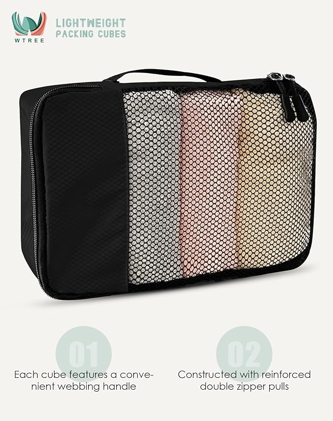 WTREE 4-Piece Packing Cubes Travel Accessories Set for Suitcases - Luggage Organizer Bags with Double Zipper - Mesh Top - Large - Black