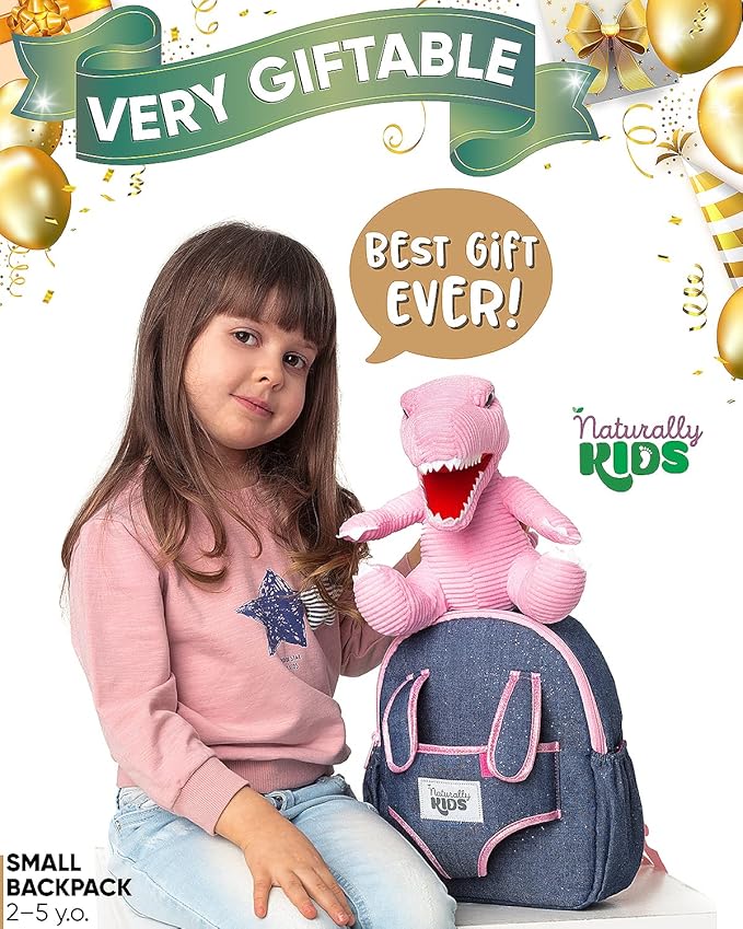Naturally KIDS Pink Dinosaur Toys for Girls, Dinosaur Gifts for Girls 2-5 Year Old, Toddler Backpack