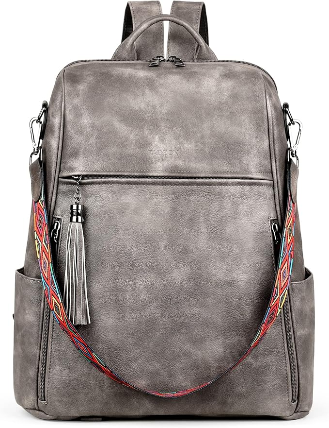 FADEON Leather Laptop Backpack for Women Designer 15.6 inch PU Laptop Bag, Ladies Travel Computer Work Backpack Grey