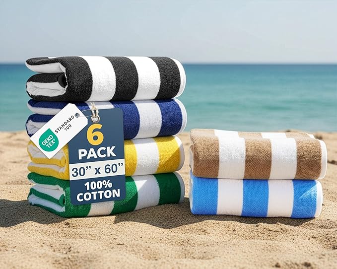 LANE LINEN Beach Towels 6 Pack - 520 GSM 100% Cotton Pool Towel for Adults – (30" x 60") Beach Towel Oversized, Thick & Highly Absorbent - Soft, Comfy & Quick Dry Cabana Stripe Large Towel - Coastline