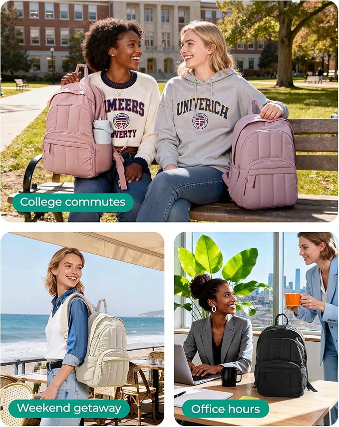 BAGSMART Womens Backpack Travel Laptop Backpack for Women, Quilted College Laptop Bookbag, Work Back Pack for Women, Cute Computer Water-Resistant Casual Daypack, Puffer Black