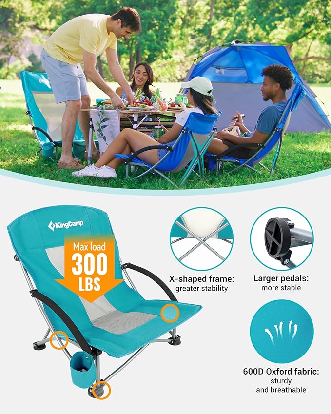 KingCamp Low Beach Chair, High Back Folding Camping Chair for Adults, Oversized Breathable Mesh Seat, 300lbs Heavy Duty Portable Chair with Cup Holder & Storage Pockets for Beach, Outdoor