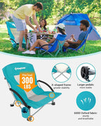 KingCamp Low Beach Chair, High Back Folding Camping Chair for Adults, Oversized Breathable Mesh Seat, 300lbs Heavy Duty Portable Chair with Cup Holder & Storage Pockets for Beach, Outdoor