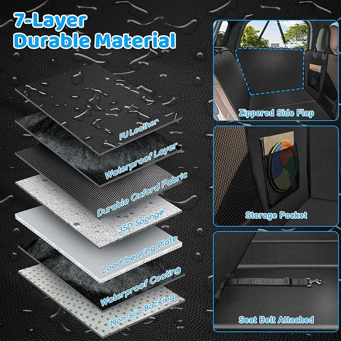 URPOWER Upgraded PU Leather Back Seat Extender for Dogs - Large Hard Bottom Dog Car Seat Cover Holds 550lbs, Waterproof Dog Hammock Pet Bed with High-Density Foam Non-Slip Backseat Protector
