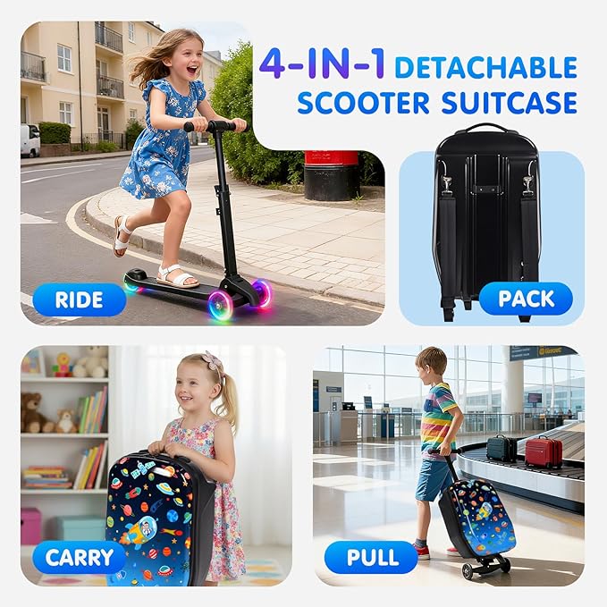 smilesun 4-in-1 Detachable Scooter Luggage for Kids & Teens, Foldable Hardside Ride On Suitcase with Wheels, Stylish and Safe Design(Navy)