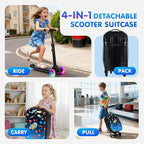 smilesun 4-in-1 Detachable Scooter Luggage for Kids & Teens, Foldable Hardside Ride On Suitcase with Wheels, Stylish and Safe Design(Navy)