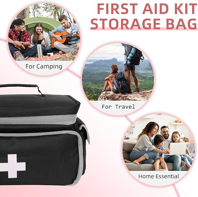 ALSLEA First Aid Bag Empty, Small Medicine Bag Portable Medical Supplies Organizer for Travel, Home, Office, Car, Outdoor, Camping, Hiking (Black)