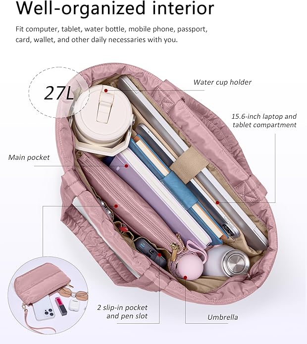 Puffer Tote Bag for Women, Lightweight Puffy Tote with Compartments, Shoulder Bag Crossbody Bags for Women Travel, Work, Gym