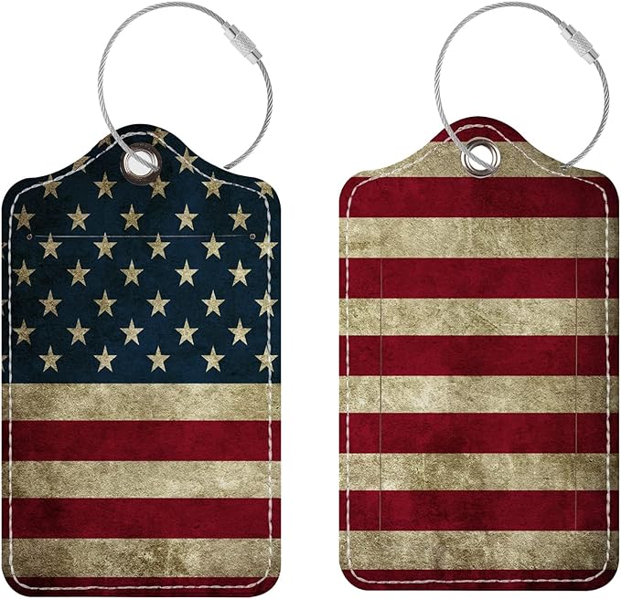 Luggage Tags for Suitcases, 2 Pack Cute PU Leather Suitcase Tag Identifiers TSA Approved with Stainless Steel Loop and Address Card for Baggage Tag for Travel Essentials Flag, by Chelmon
