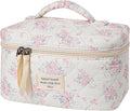 uekeboag Large Travel Quilted Makeup Bag for Women, Floral Cotton Cosmetic Bag, Coquette Aesthetic Floral Toiletry Organizer Bag