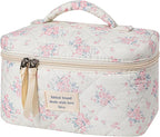 uekeboag Large Travel Quilted Makeup Bag for Women, Floral Cotton Cosmetic Bag, Coquette Aesthetic Floral Toiletry Organizer Bag