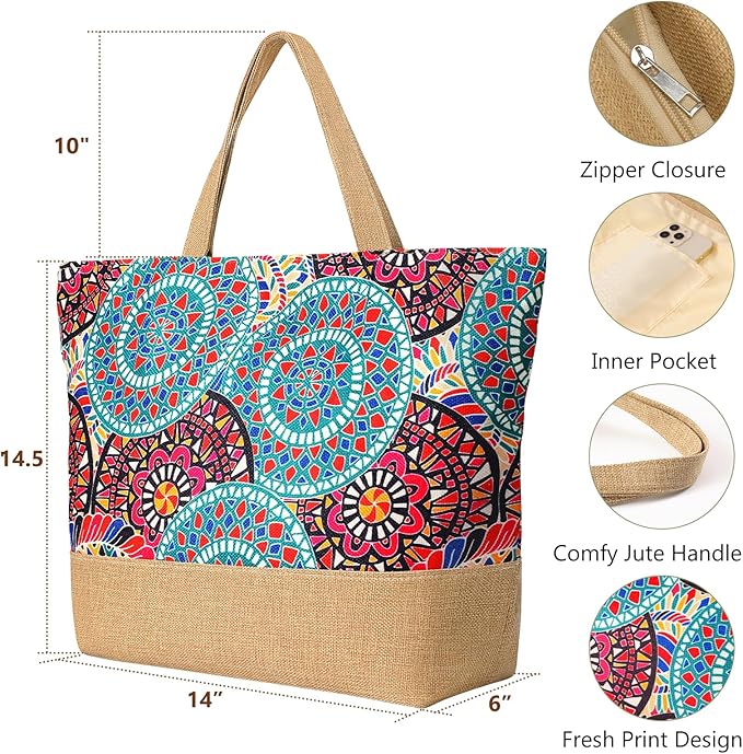 Trifabricy Beach Bag for Women, Large Beach Tote Bags with Zipper, Woven Straw Tote Waterproof, Swim Gym Shopping Travel Bag