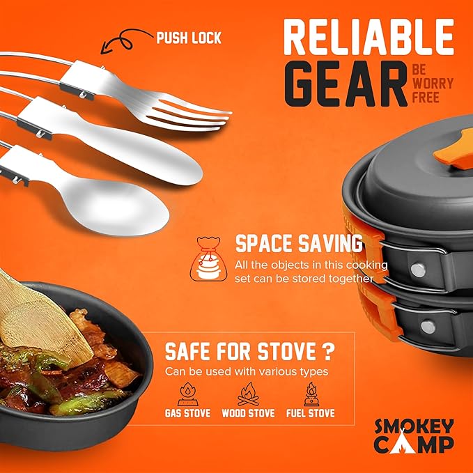 Smokey Camp Camping Cookware Mess Kit Set with Stove - Backpacking Camping Pots and Pans Set, All in One Non-Stick Camping Cooking Set, Portable Stove, Hiking, Picnic, Outdoor & Camping Cookware Set
