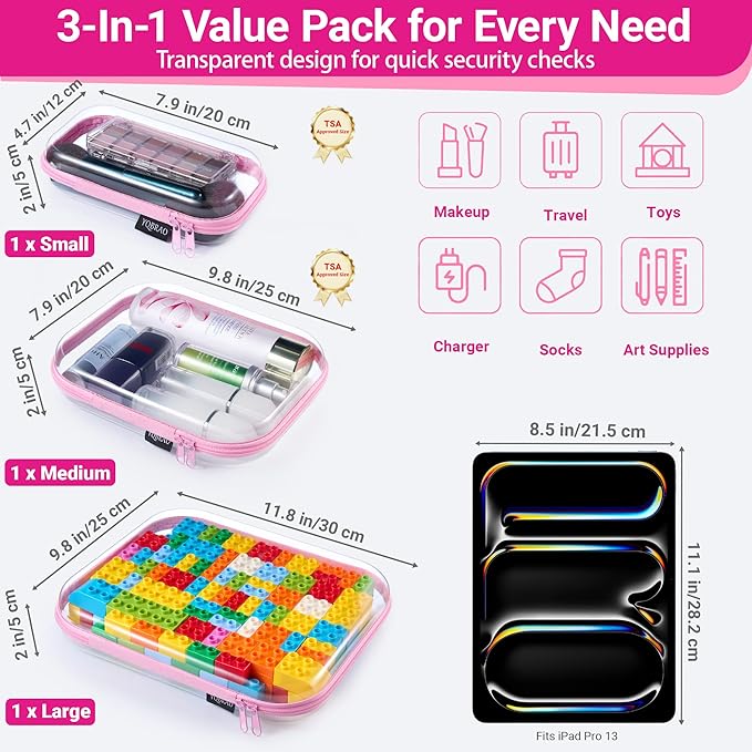 YQBRAO 3-Pack Clear Hard Shell Zipper Case Pink, 1.2mm Heavy-Duty Crush-Proof Travel Makeup Bag, Multi-Size (L+M+S) Diaper Bag Organizer Pouches, Rigid Clear Zipper Pouches for Tech, Toys & Home