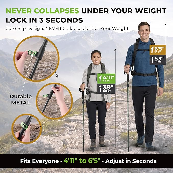 Trekology 3K Carbon Fiber Trekking Poles (210g) - Pair of Ultralight Hiking Poles with Cork Grips, Collapsible Telescopic Walking Sticks, Metal Flip-Locks & 10pc All-Terrain Accessory Kit