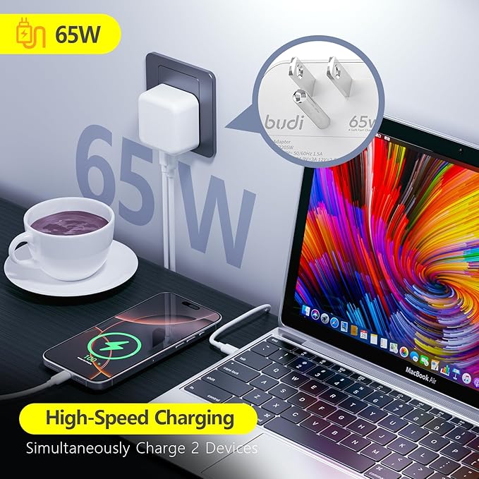 BUDI Flat USB C Wall Charger, 65W 2-Port Slim USB Wall Charger, Fast Charging Block with 45W Type-C Power Delivery and 20W Type-A for Computer/iPhone 17/16/15/14/13/12/11/Pro Max/XS/XR/8/7,Tablets