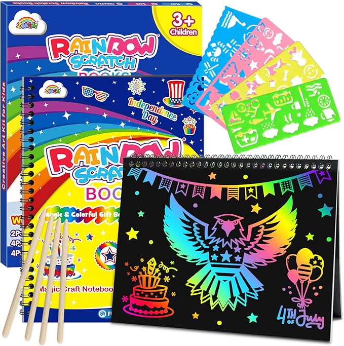ZMLM Scratch Paper Art-Crafts Gift: 2 Pack Rainbow Notebooks Supplies Independence Day Toys for 3 4 5 6 7 8 9 10 Years Old Girls and Boys Kids Birthday Party Travel Games July 4