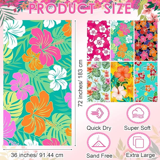 FuWeave 6 Pcs 72 x 36 Microfiber Oversized Beach Towels Large Absorbent Thin Compact Lightweight Sand Free Quick Dry Towels Pack for Travel Pool Yoga Gym Sports Beach Accessories(Flower)